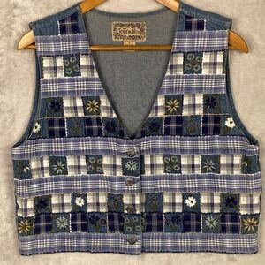 Vintage Patchwork Womens Vest Large Blue Floral Quilt Cottagecore Granny Boho 90